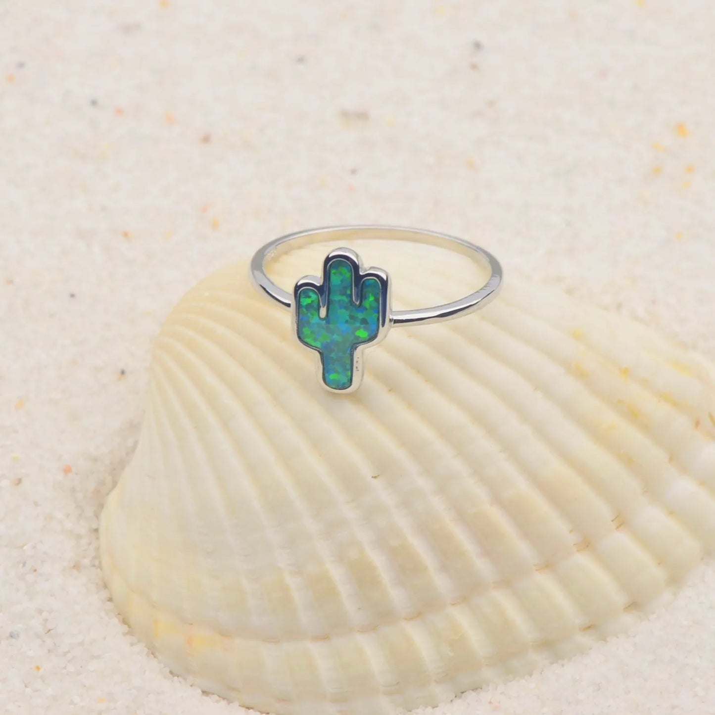 Cactus Ring | Iridescent Gem Inlay Band | Modern Silver/Gold Plated Women's Trendy Fashion Jewelry