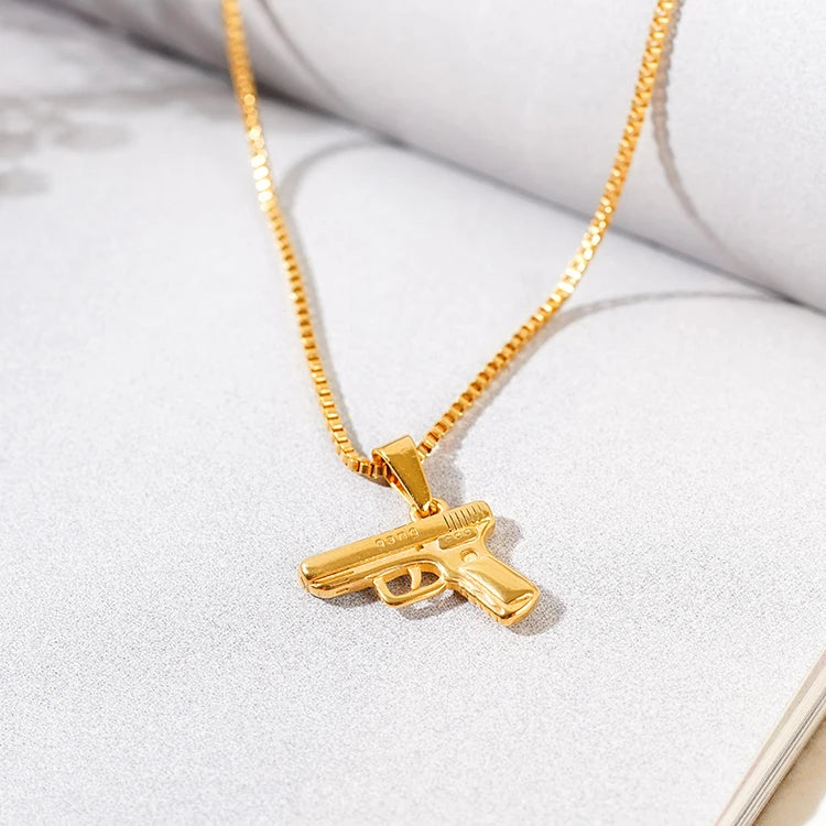 BiG-BOSS Fashion Hip Hop Punk Jewelry 18k Gold Plated Stainless Steel Men Pistol Charm Link Chain Gun Pendant Necklace for Party