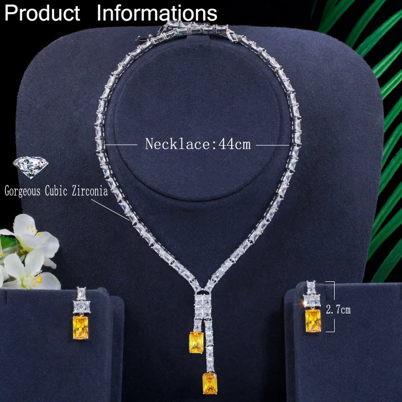 High Quality Shiny White Yellow Cubic Zircon Necklace and Earrings Party Wedding Jewelry Set for Women