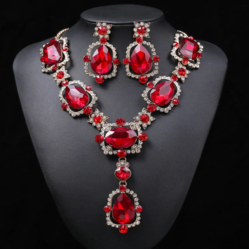 Crystal & Rhinestone Statement Necklace & Earrings Jewellery Set | Bold Retro Glam Fashion Set