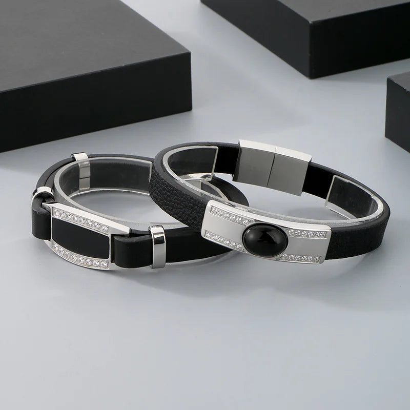 KALEN Unisex Vintage Fashion Jewelry Bracelets Stainless Steel Bangles Cowhide Leather Bracelet With Rhinestones
