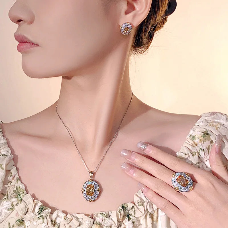 REDheart Fashion Gold Champagne Flower Zircon Open Ring Set Rhodium/Gold/18K Gold Plated Two-Color Necklace Pendant