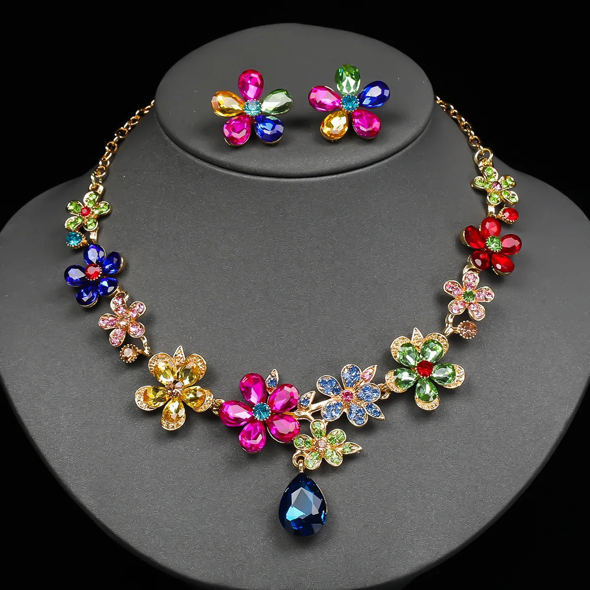 Crystal Flower Drop Necklace & Earrings Jewellery Set | Bridal & Party Occasion Fashion Set