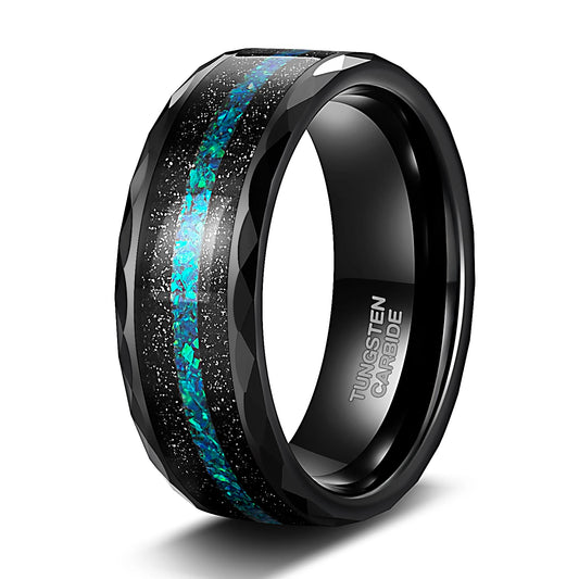 REBEL OAHLAN 8mm Mens Multi-Faceted Edge With Black Sand and Green-Blue Opal Inlay Tungsten Carbide Wedding Rings Fashion Jewelry