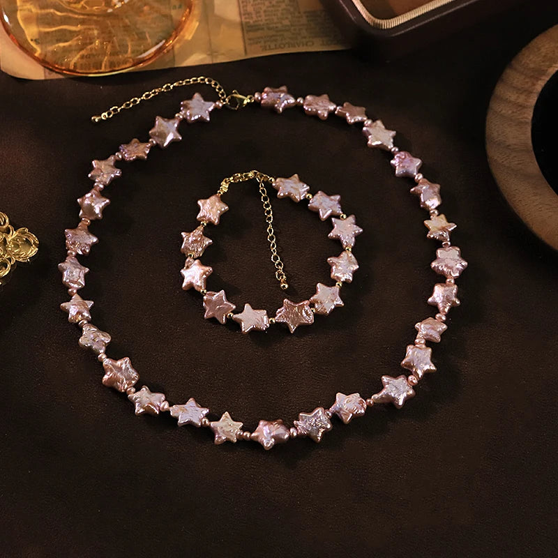 GLSEEVO Natural Purple Star Shaped Baroque Pearl Jewelry Set for Mother's Day Gift Pearl Necklace Bracelet Set Fashion Jewelry