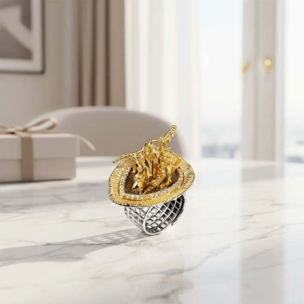 Turkish Hollow Grid Style 925 Silver Store Gold Plated Finger Ring