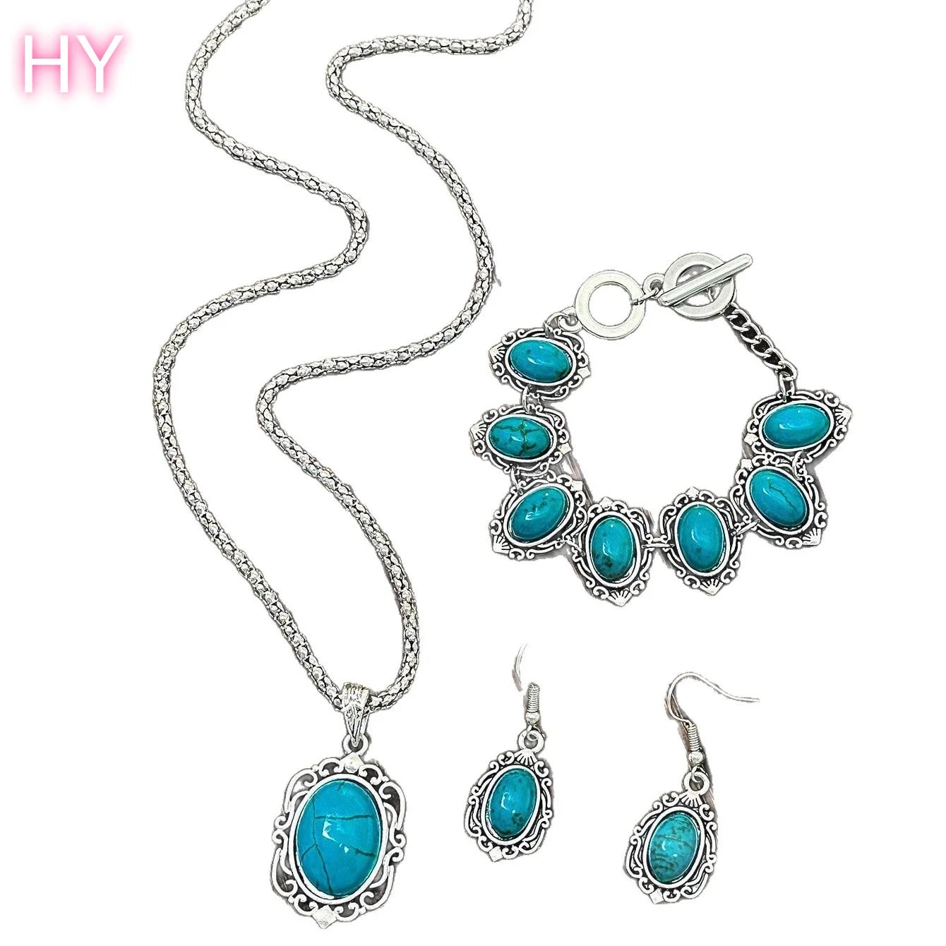 HY Fashion Vintage Gold Plated Turquoise Necklace Earrings Bracelet Three Piece Set Jewelry Women Wedding Engagement Party Gift