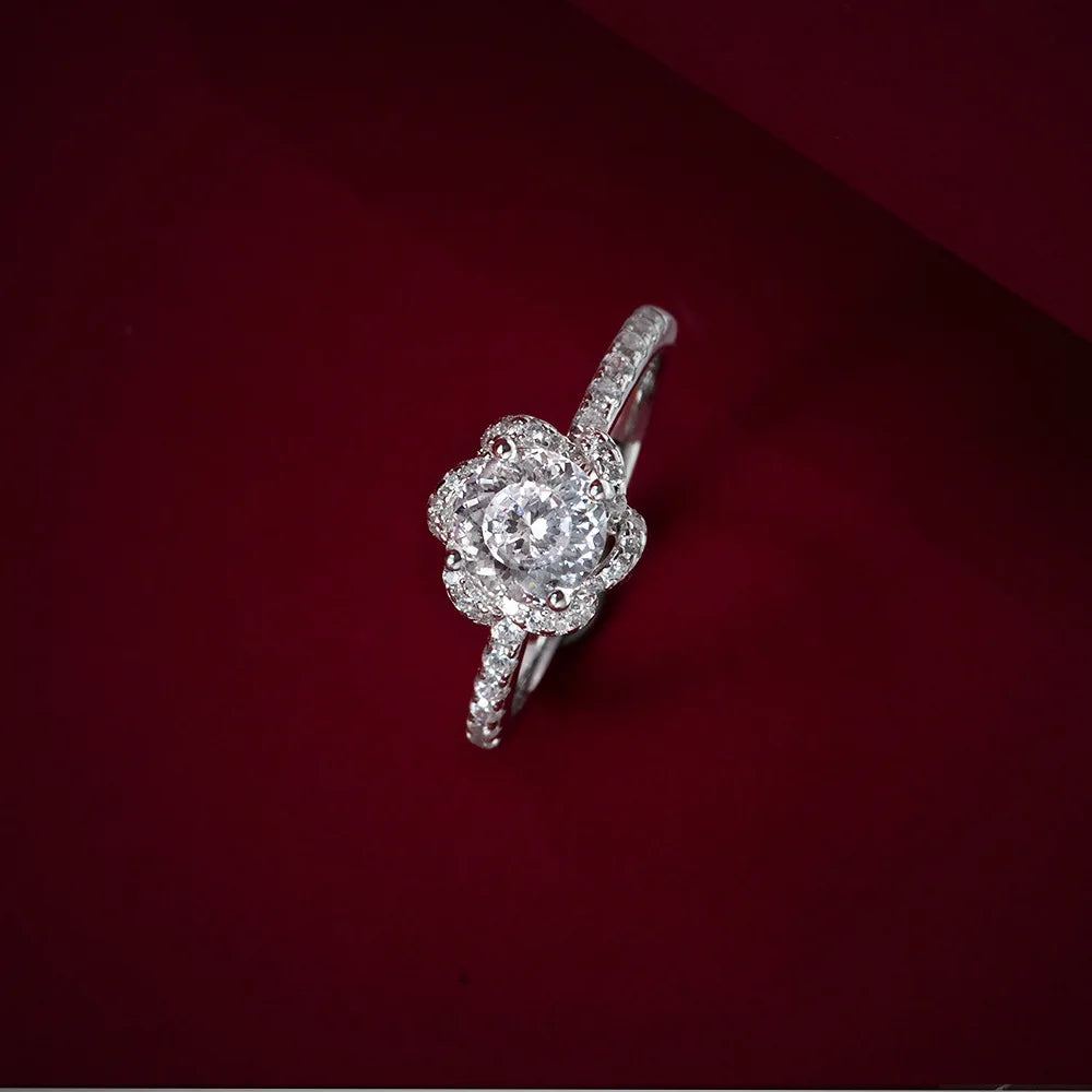 Silverelli | 925 Silver 1ct Round High Carbon Diamond Flower Ring | 6mm | Platinum Plated