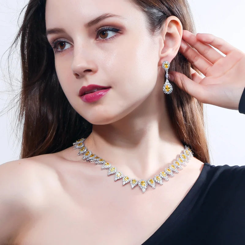 4 Piece Yellow Cubic Zirconia Wedding Luxury Saudi Arabia Dubai Bridal Jewelry Set for Women Costume Accessories