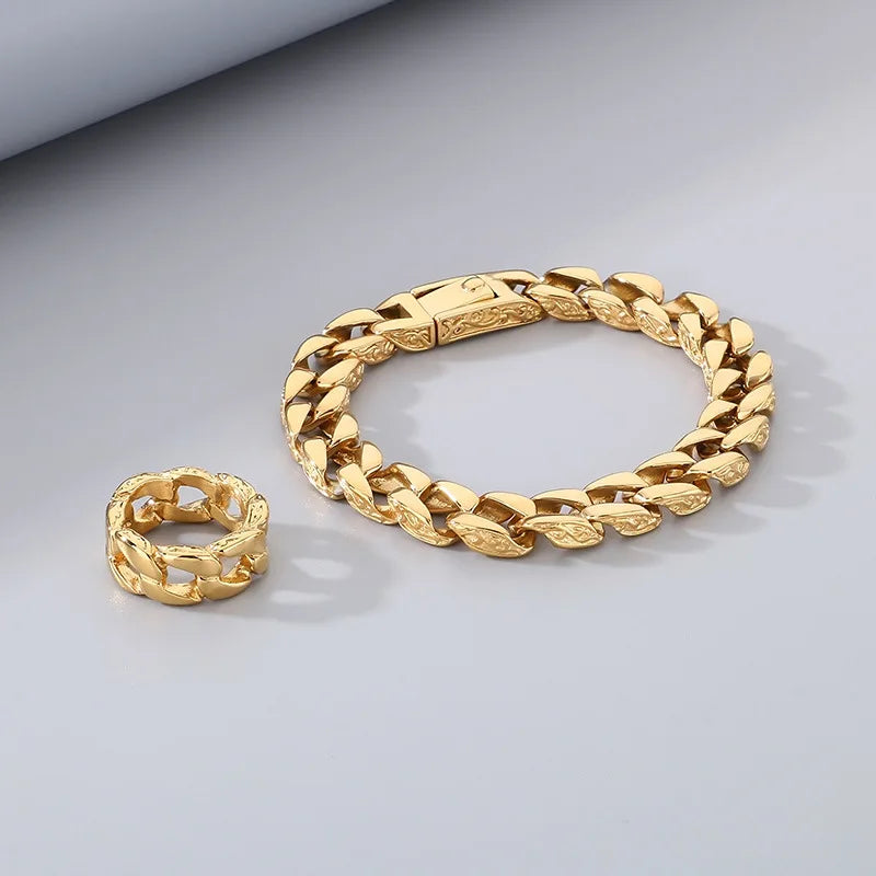 Stainless Steel Men's Ring and Cuban Chain Stainless Steel Bracelet Chain Set