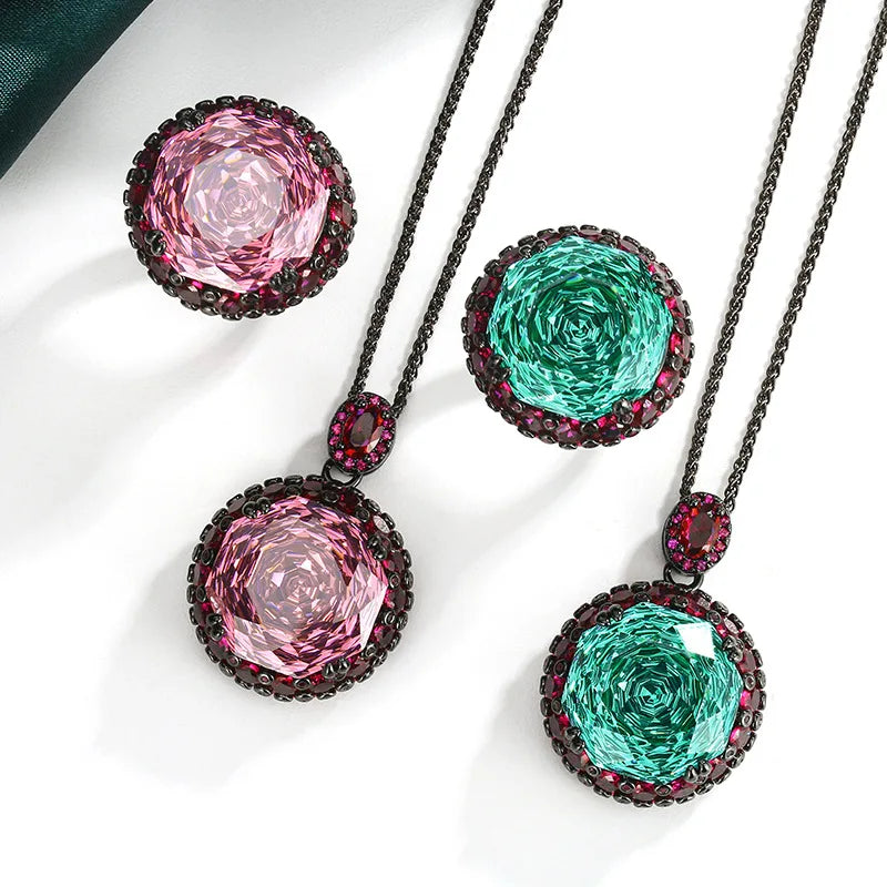REDheart Fashion Brass Inlaid Zircon 18K Gold Plated Flower Design Black Opening Ring Women's Luxury Green Light Pendant Necklace Set