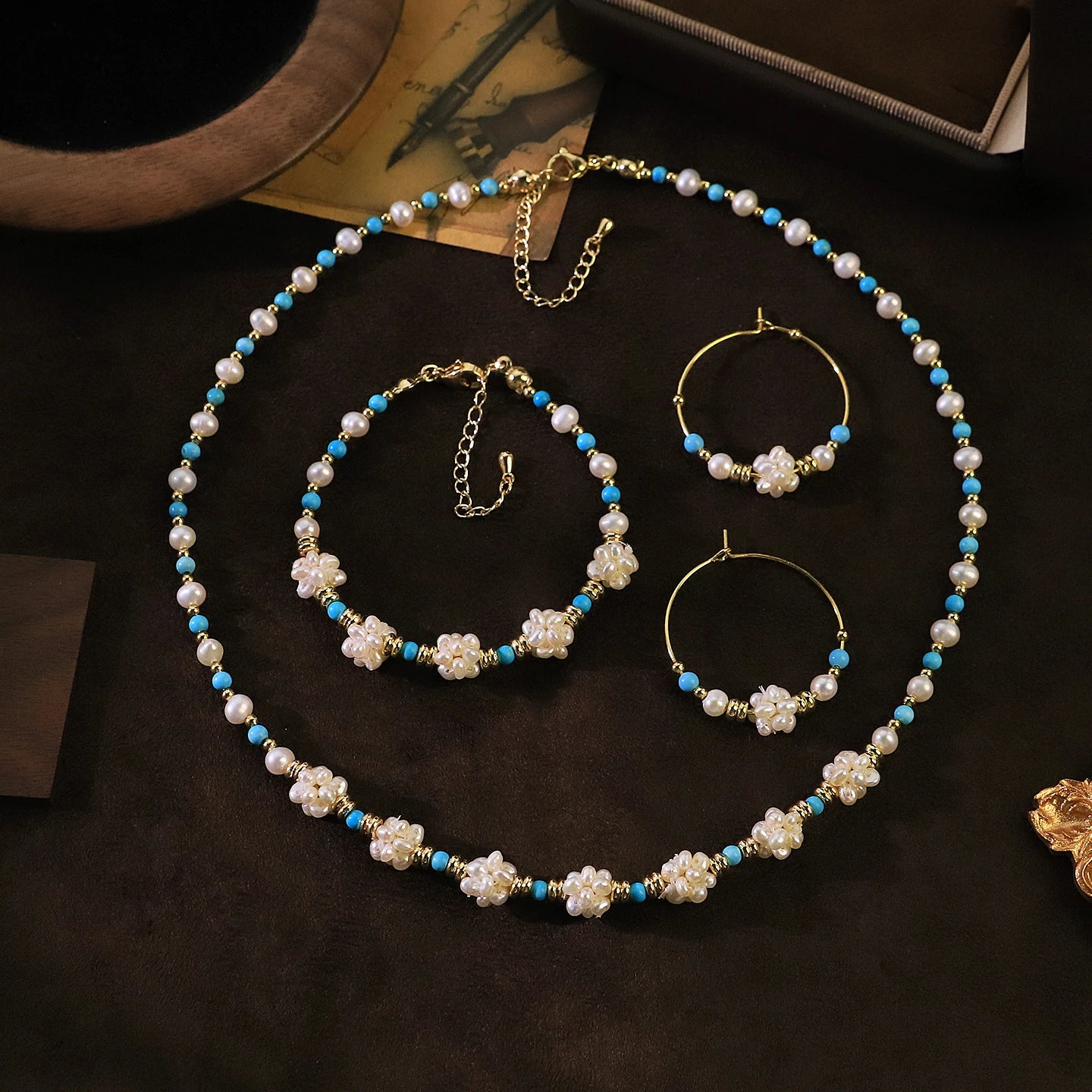 GLSEEVO Natural Pearl, Turquoise & Copper Bead Dainty Necklace, Earrings & Bracelet Set — Bohemian Style