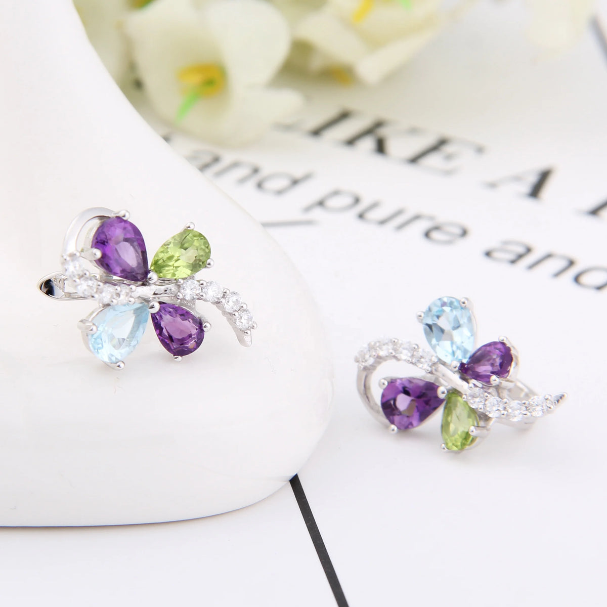 ArtistA F0333 Abiding Natural Stone Sky Blue Topaz Amethyst Peridot Mix Gemstone 925 Silver Cluster Butterfly Wedding Jewelry Set