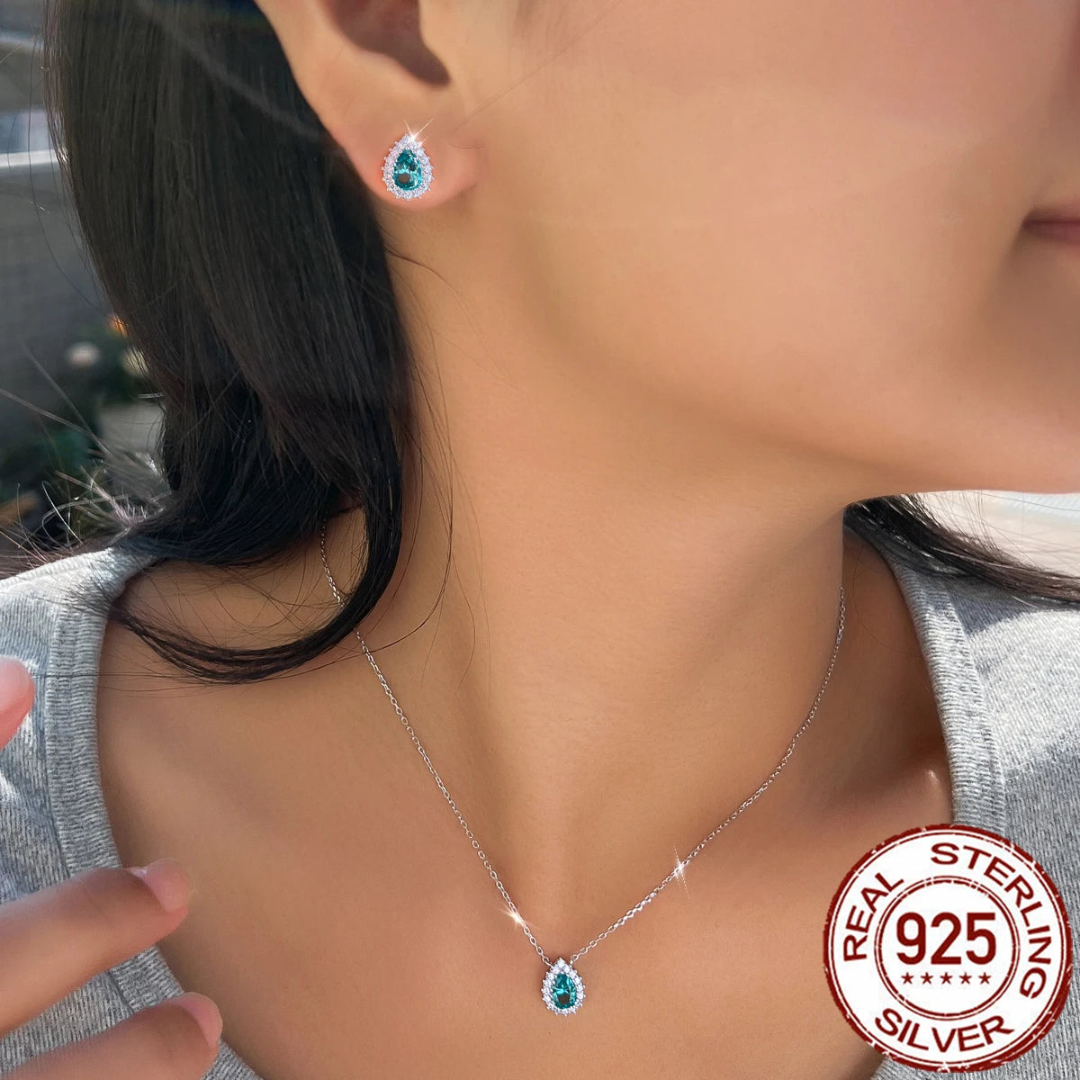 Elegant Fine Zirconia Jewelry Set 925 Sterling Silver Blue Paraiba CZ Drop Pendant Necklace Earrings Jewelry Set for Women Party