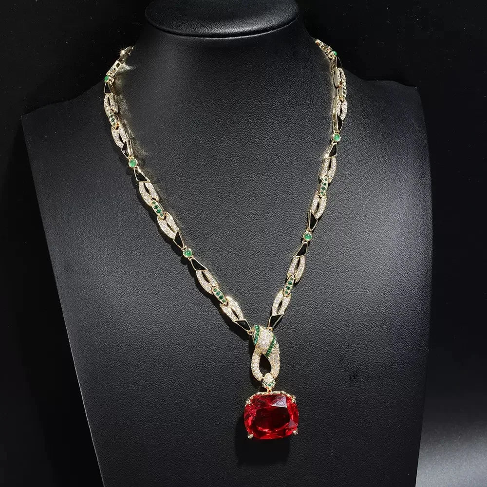 Bella Viva Luxury Red Cubic Zirconia Pendant Earrings & Necklace Set, Perfect for Wedding, Party and Special Occasions