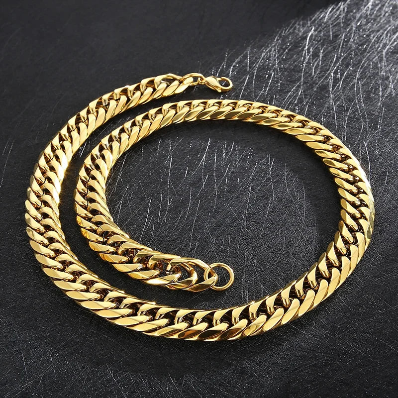 REBEL Hip-pop Gold-Plated Stainless Steel Cuban Link Jewelry Set With 65cm Necklace&23cm Bracelet