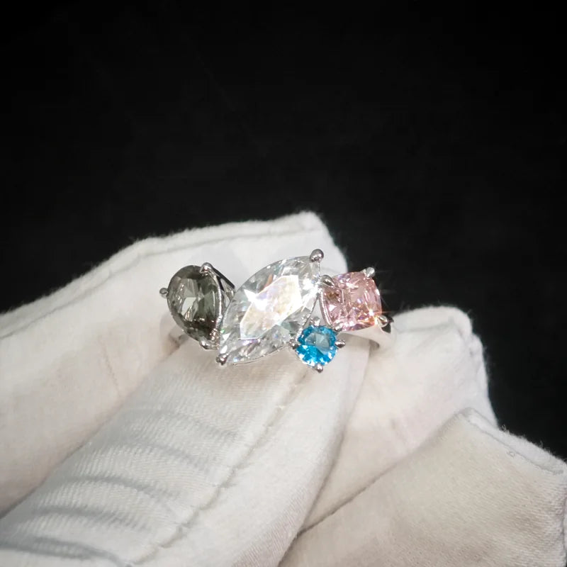 Gemfiori Fine Jewelry PT950 Marquise Cut Moissanite Sapphire Cocktail Colorful Gemstone Ring Pear Platinum Ring Pass Diamond Tester