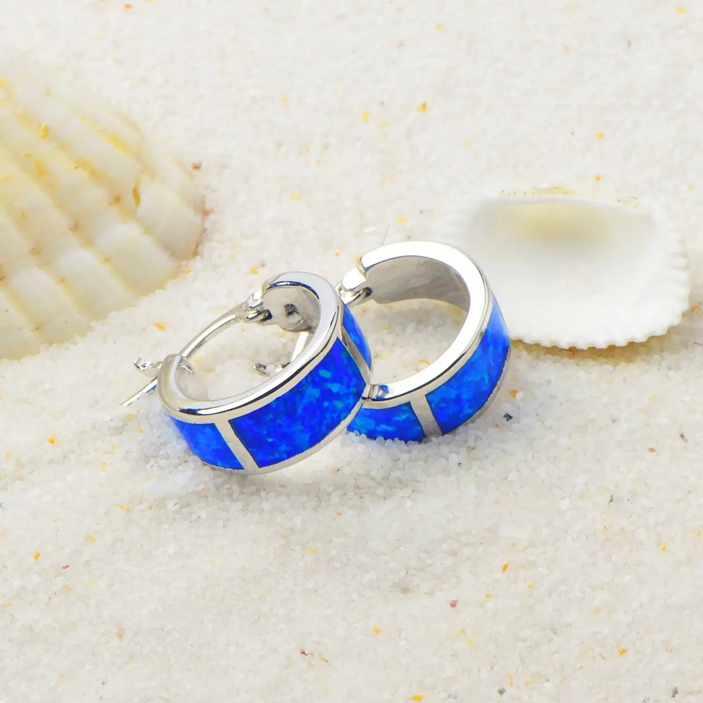 Sleek Curved Opal Huggie Earrings - Blue Fire Opal Inlaid Arc Design | Minimalist Daily Jewelry Bulk Gifts