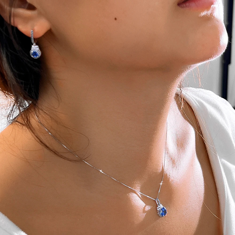 Exquisite S925 Sterling Silver Pendant Earrings CZ and Round Blue Synthetic Tanzanite Stone Jewelry Set for Women Daily Wear