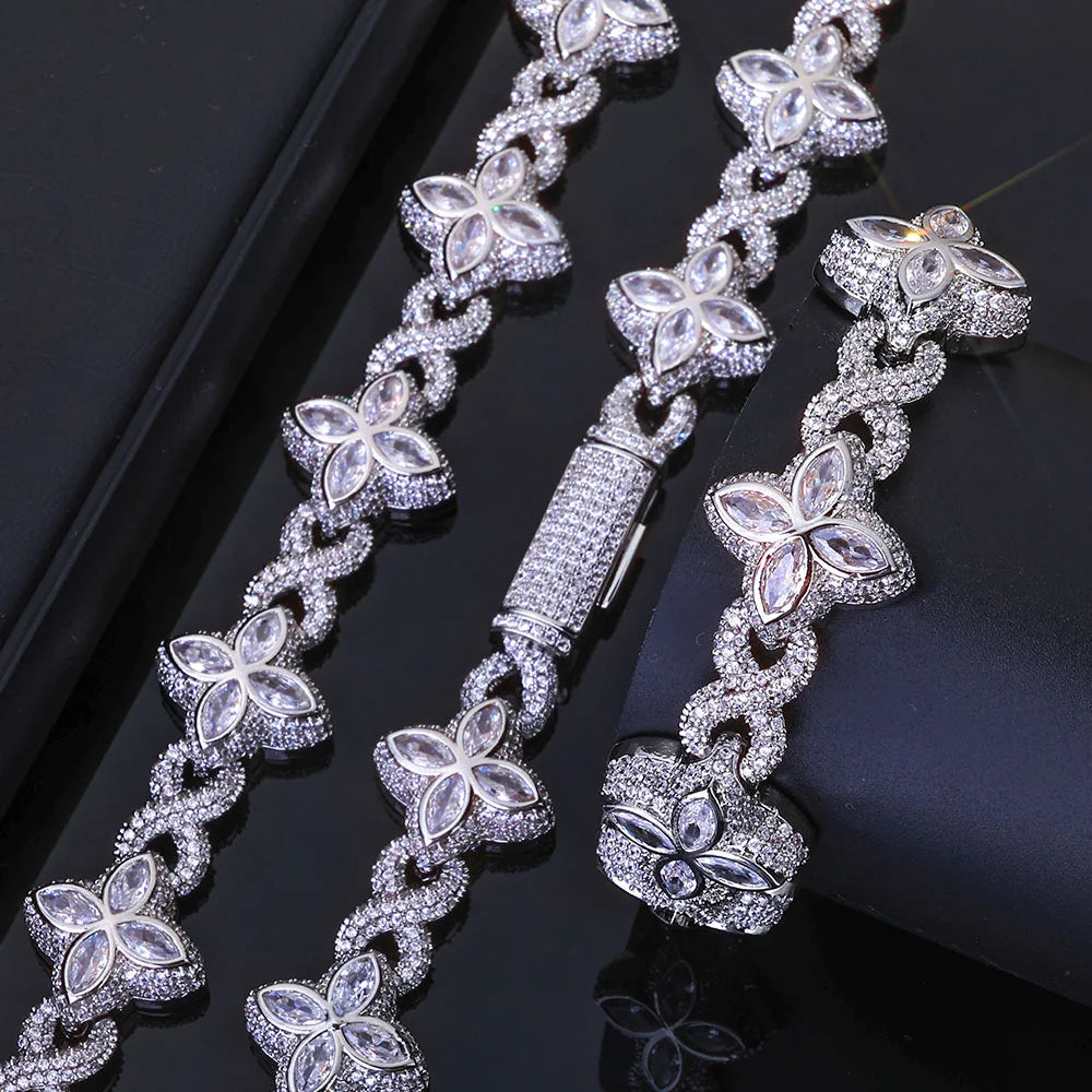 REBEL European American Hip Hop Four Leaf Clover 8-Character Chain Cuban Link Unisex Iron Plant Pattern High-End Bracelet