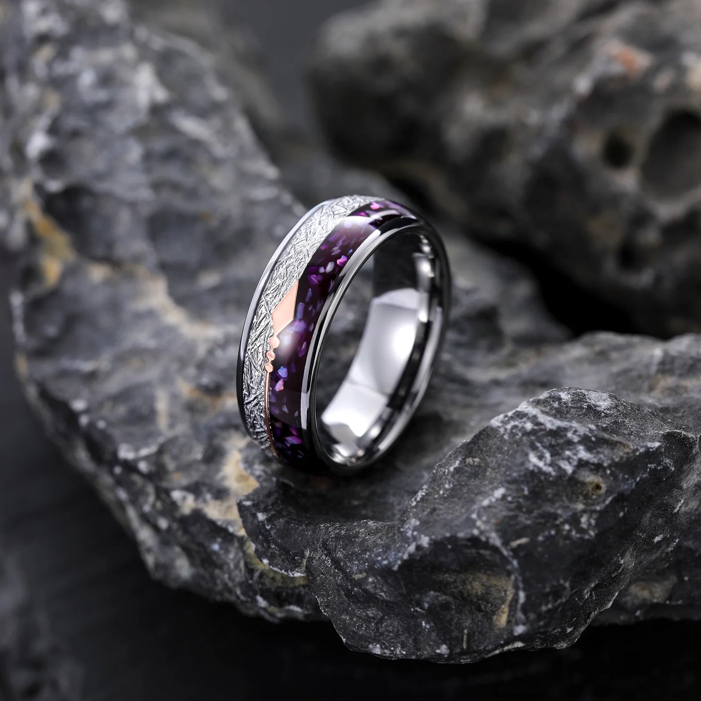 OAHLAN 8mm Rose Gold Arrow Purple Agate and Meteorite Domed Ring Men Women Wedding Engagement Bands High Polish Tungsten Ring