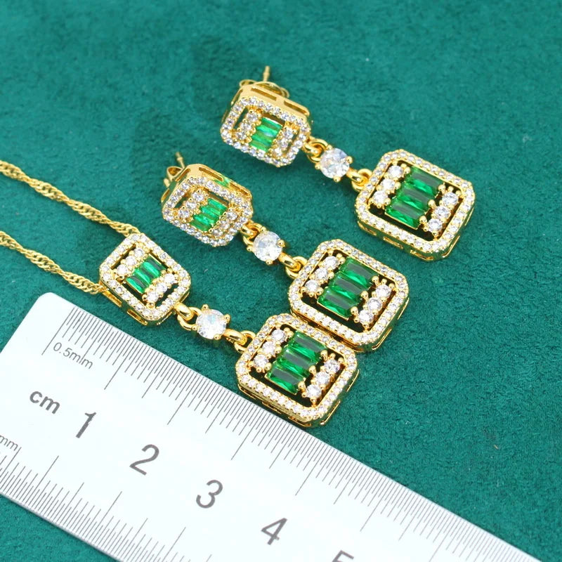 XOTICA New Arrival Green Zircon Wedding Jewelry Set for Women Gold Color Bracelet Earrings Ring for Party Halloween Perfect Gift