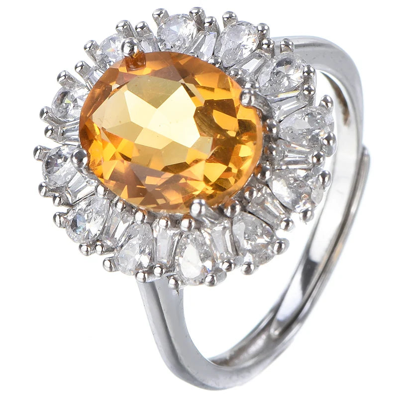 Gioiellieri Natural Sitrine Rhodium Plated 925 Sterling Silver Luxury Engagement Ring Oval Cut Gemstone Prong Setting Certified for Weddings