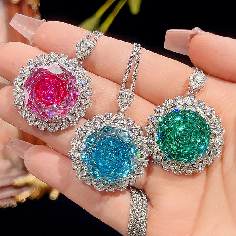 S&S Snowflake Crystal Zircon Charm Necklace — Green, Blue & Pink | S&S Collection