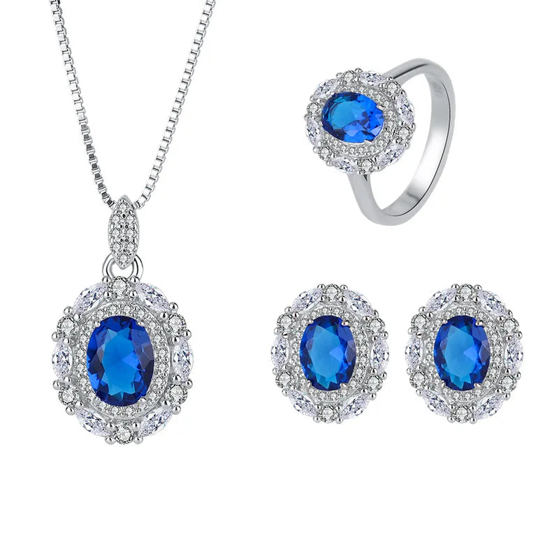 Gemfiori New Hot Selling Jewelry Brass Gold-plated Retro Sea Blue Oval Zircon Minimalist Style Set