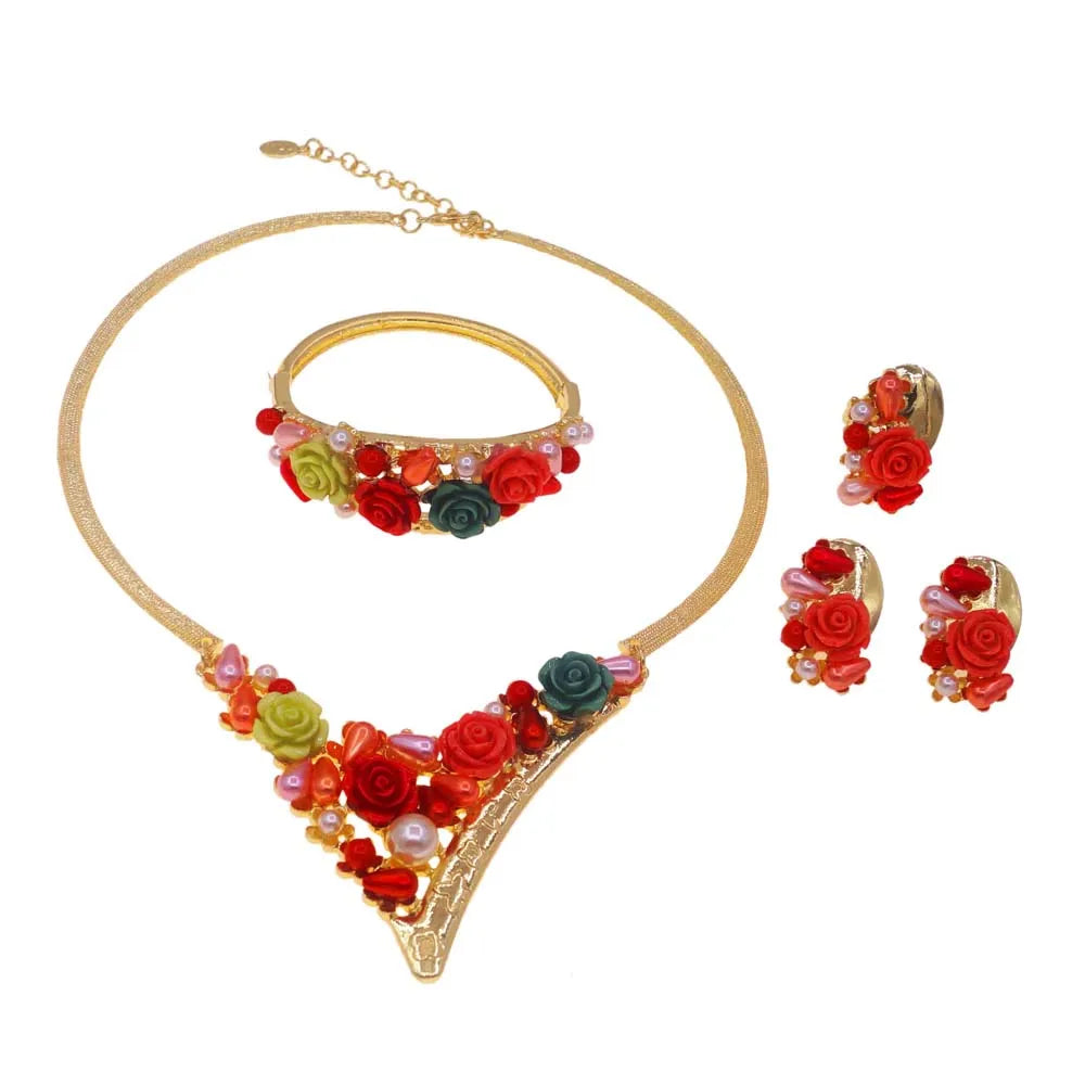 Zhuerrui Italian Gold Luxury Wedding Jewelry Sets Multi Color Flowers Necklace Bracelet Jewellery Set High-end Luxury H00707