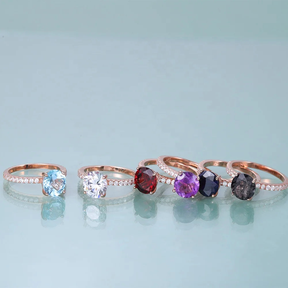Gemfiori KH001 Abiding Jewelry Manufacturer Big Stone Round 8MM Natural Gemstone 925 Sterling Silver Women Engagement Wedding Rings