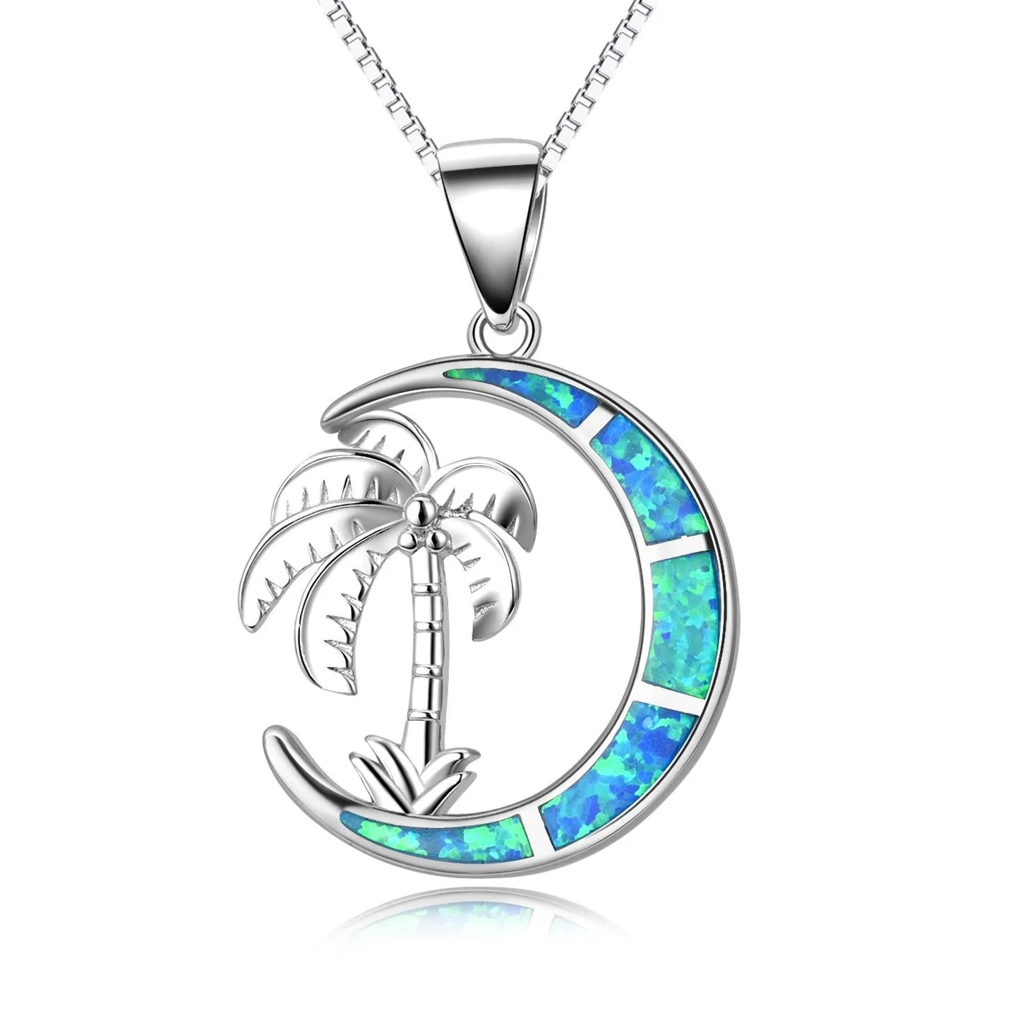 Aobao Christian Plant Hawaii Ocean Blue Moon Coconut Tree Pendant Palm Tree Opal Sweater Chain Link Chain Copper Necklace