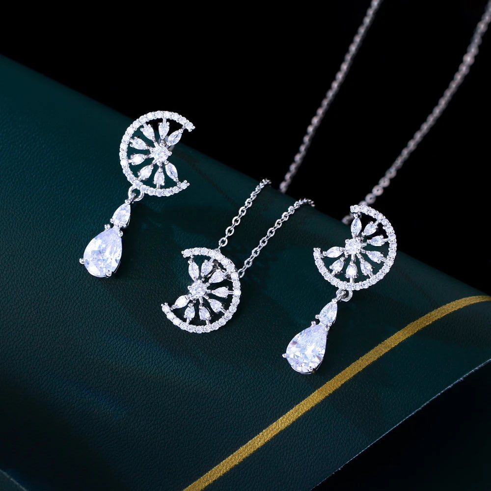 Dainty Blue Water Drop Cubic Zirconia Engagement Half Round Pendant Necklace and Earrings Fashion Jewelry Set for Women