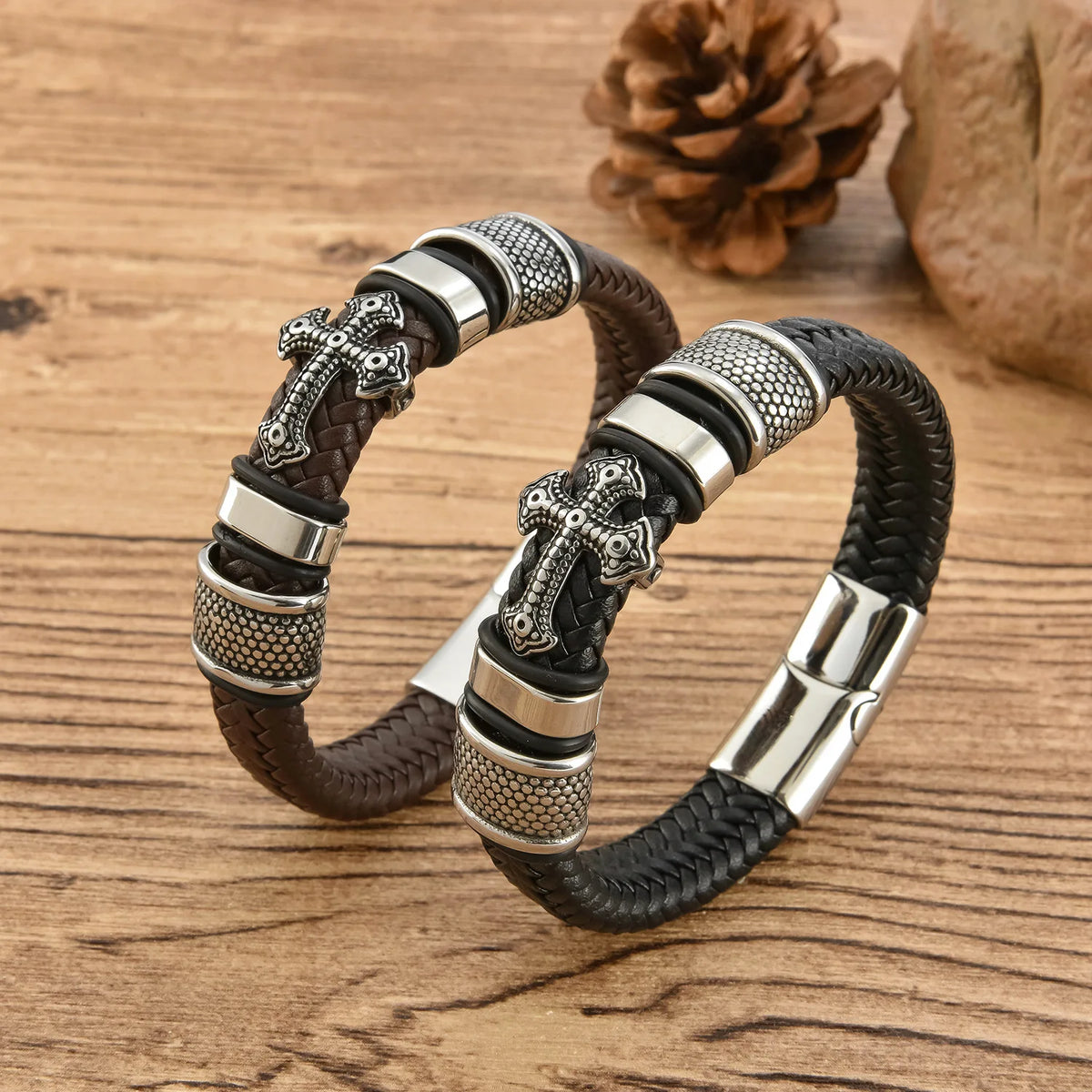 REBEL FASHIONISTA New Titanium Steel Cross Leather Braided Bracelet Magnetic Buckle Men's Leather Bracelet
