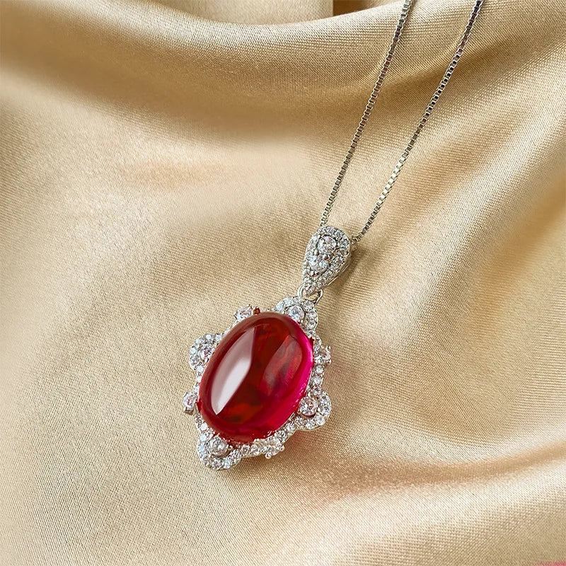 Gemfiori Luxury Oval Cabochon Ruby Jewelry Set Brass Plated Halo Pendant Necklace Ring Earring Vintage Royal Red Gemstone Wedding Jewelry