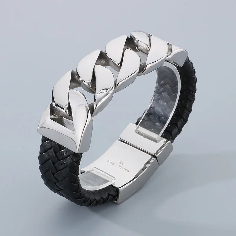 REBEL 240mm Punk Leather&Stainless Steel Cuban Links Bangle Bracelet
