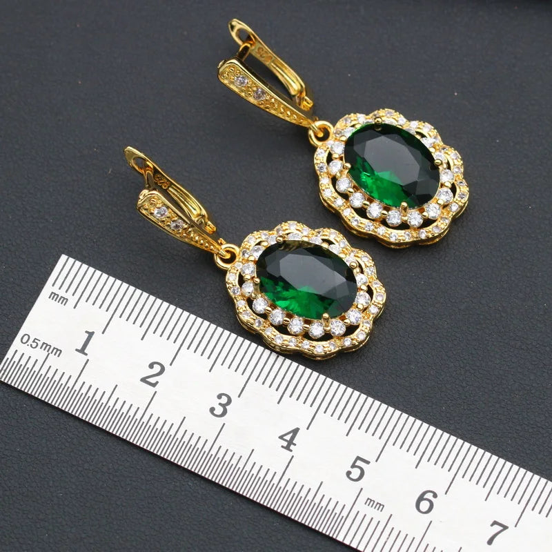 XOTICA Classic Gold Color Bridal Set for Women Wedding Engagement Emerald Zirconia Earrings Pendant Ring Bracelet Chain Alloy Christmas