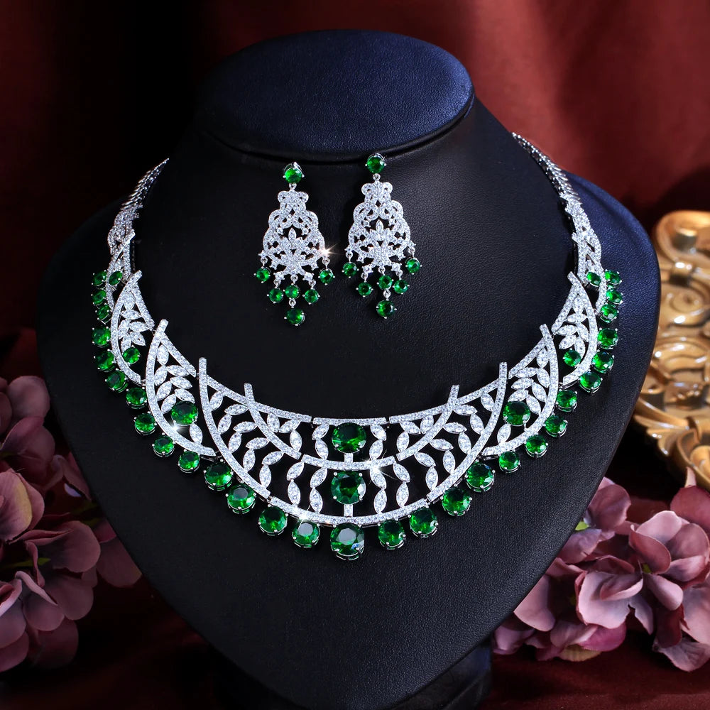 Luxury Necklace and Earrings White and Emerald Green Cubic Zirconia Super Big Jewelry Set for Women Banquet Engagement Jewelry