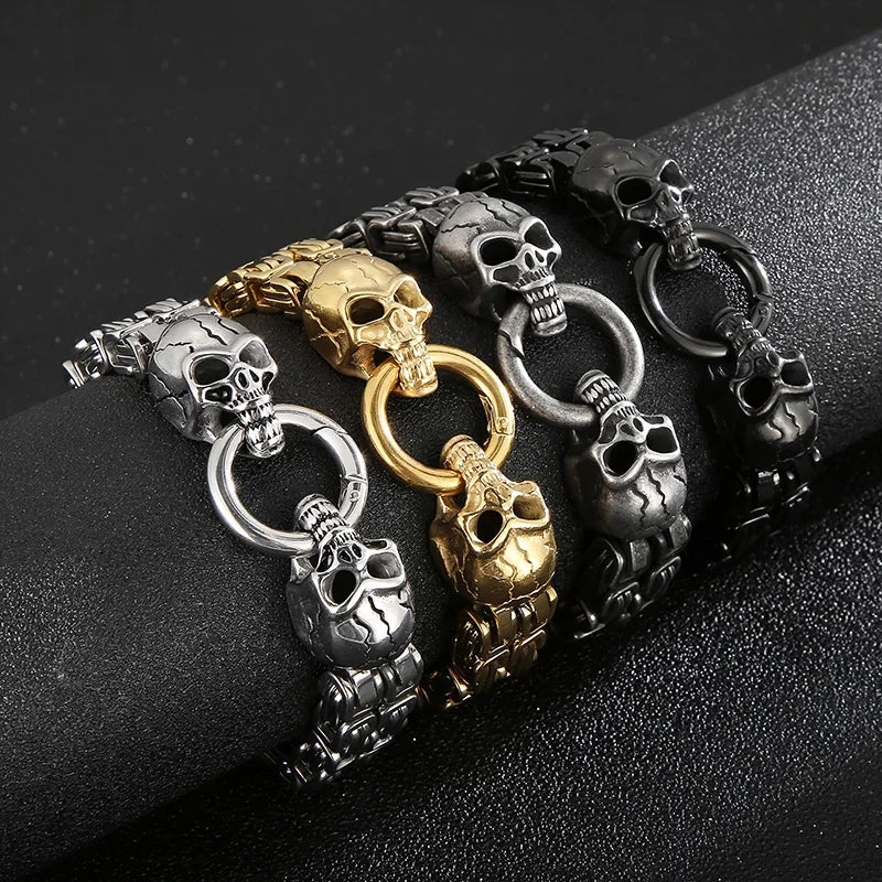 KALEN Mens 230mm Punk Stainless Steel Skull Charm Byzantine Link Bracelet