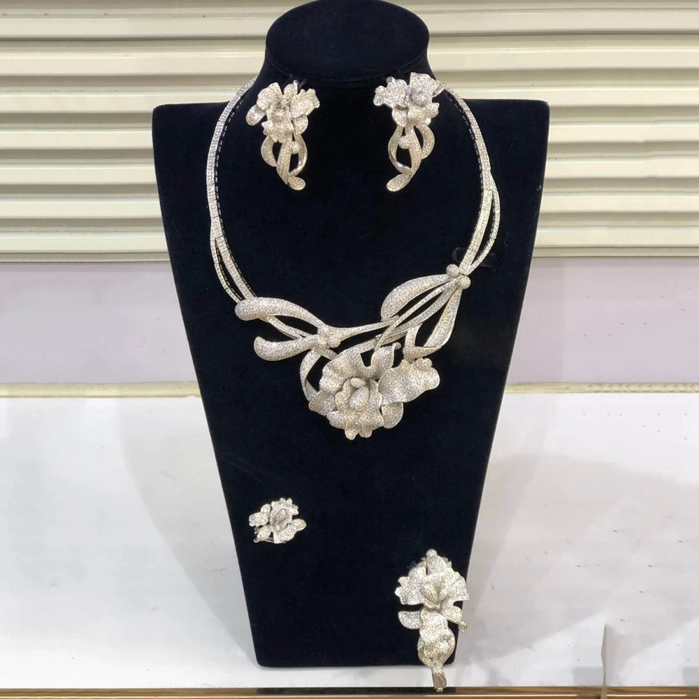 Zhuerrui Luxury Cubic Zirconia Jewelry Set American Diamond Flowers Jewelry Sets Necklace Bracelet Earrings Ring Jewellery Set