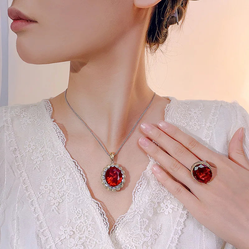 REDheart Copper Inlaid Pearl Plated Two-Color Open Ring Simulation Flower Design 18K Gold Plated Women's Pendant Necklace Jewelry Set