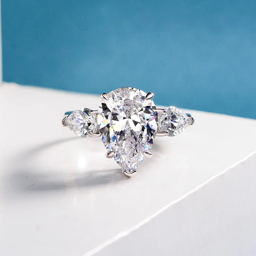 MUSHAN Jewelry Factory S925 Silver European and American Water Drop 10*14 High Carbon Diamond 6 Carat Simple and Individual Ring