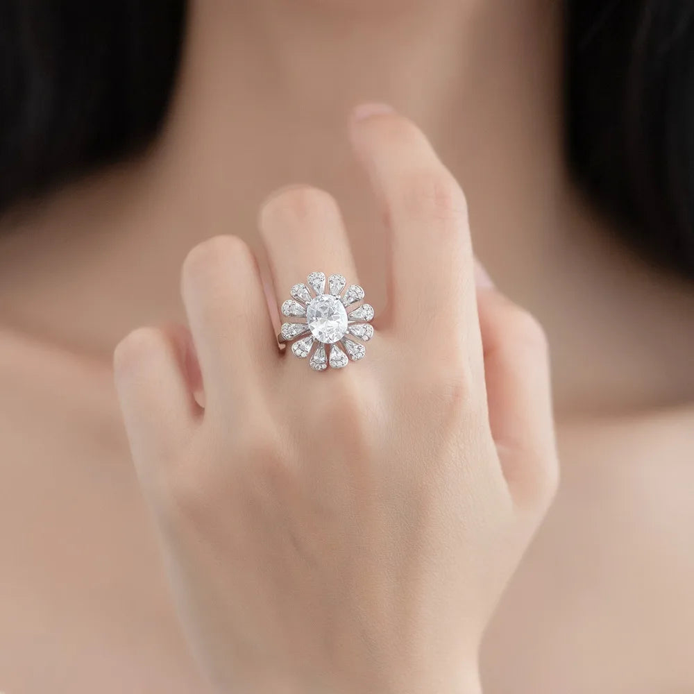 Silverelli | 925 Silver Flower Inlaid Egg-Shaped Zircon Ring | Rhodium Plated | Pave Setting