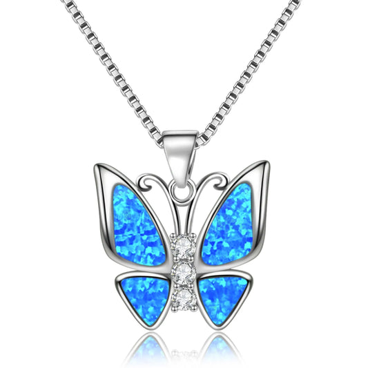 Dainty Opal Butterfly Necklace - Handcrafted Silver Plated CZ-Embedded Romantic Jewelry Bulk