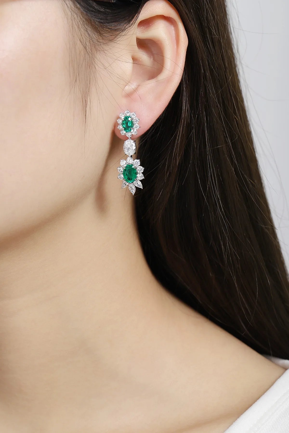 Gemfiori Flower Shaped S925 Silver Earrings for Women's Earrings Oval 3CT Lab Grown Emerald Ruby Sapphire Wedding Jewelry Gift Ideas
