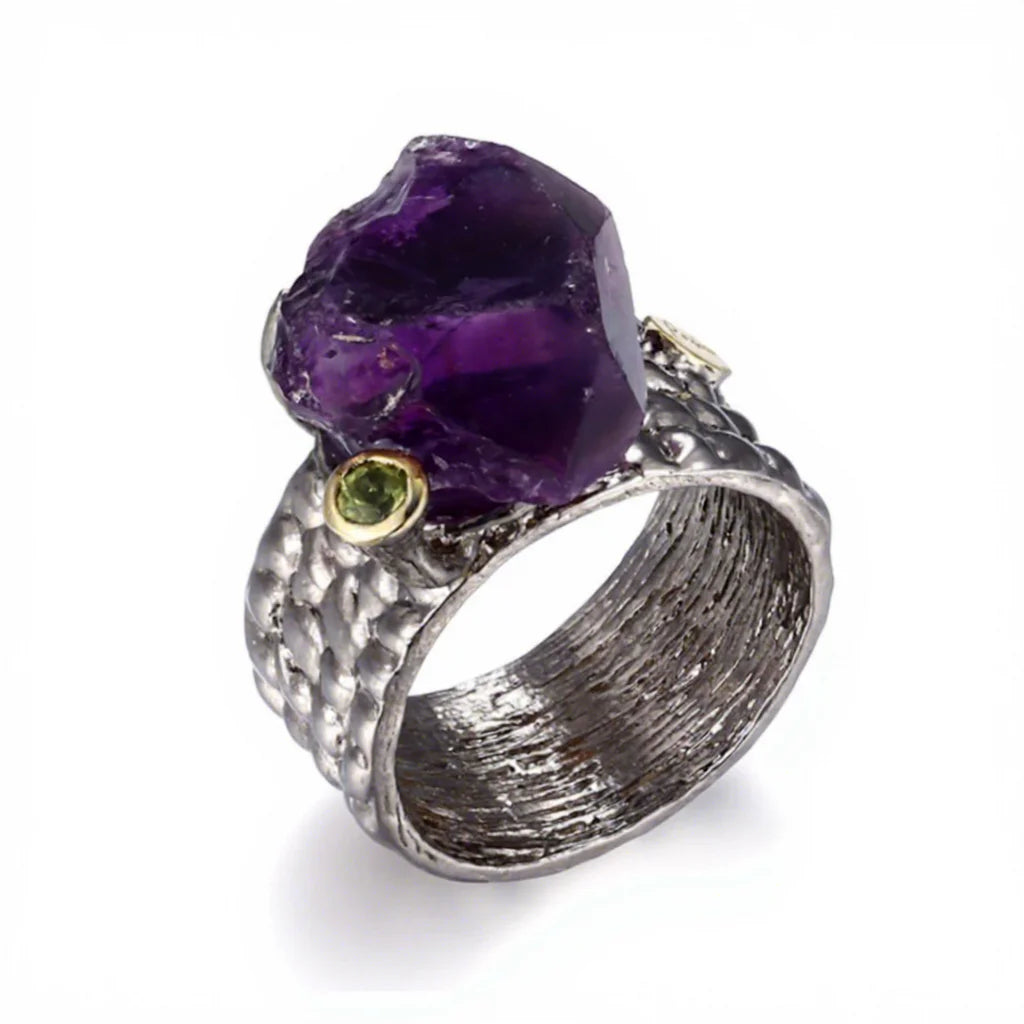 Handmade Big Amethyst Rough Stone 925 Sterling Silver Ring