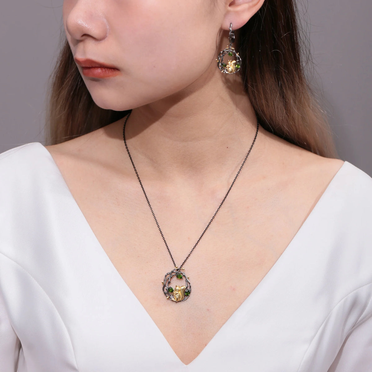 ArtistA C7874 Abiding High-end Gold Plated Vivid Cute Squirrel 925 Sterling Silver Chrome Diopside Jewelry Sets for Moroccan Wedding