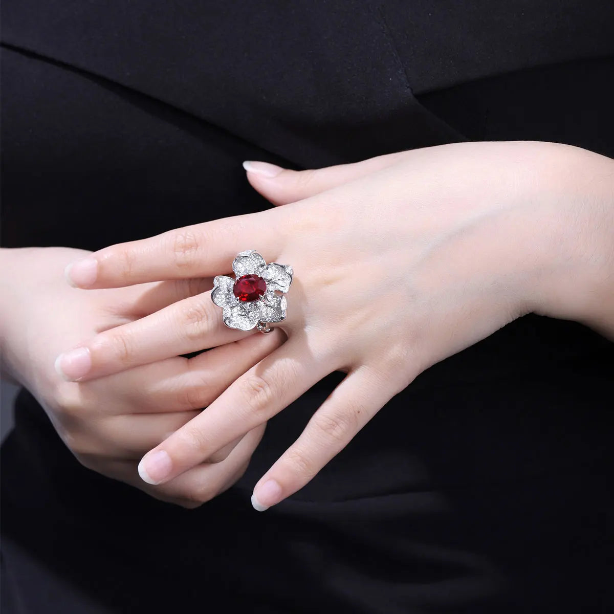 Gemfiori Anster Oval Shape 9k 10k 14k 18k Lab Created Ruby Flower Rings for Women Ring Trendy Style Jewelry
