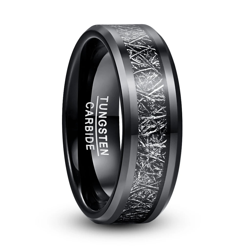 REBEL 8mm Width Chamfer Black Plated Inlaid Imitation Meteorite Men's Tungsten Ring Jewelry