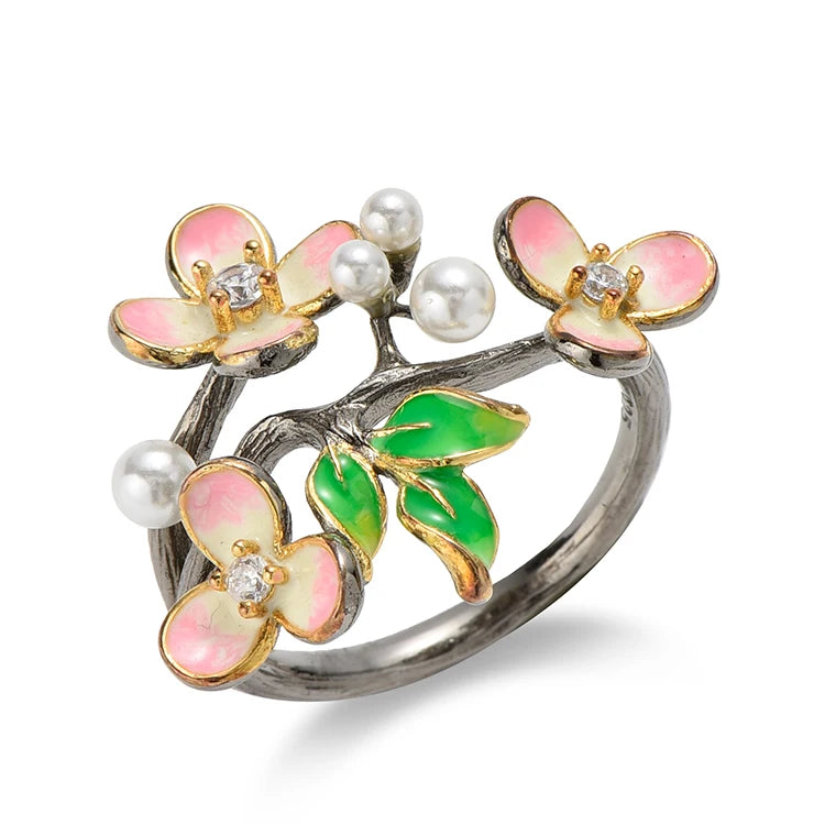 New Style Handmade Design Enamel Jewelry Women Flower Shape Luxury 925 Sterling Silver Ring